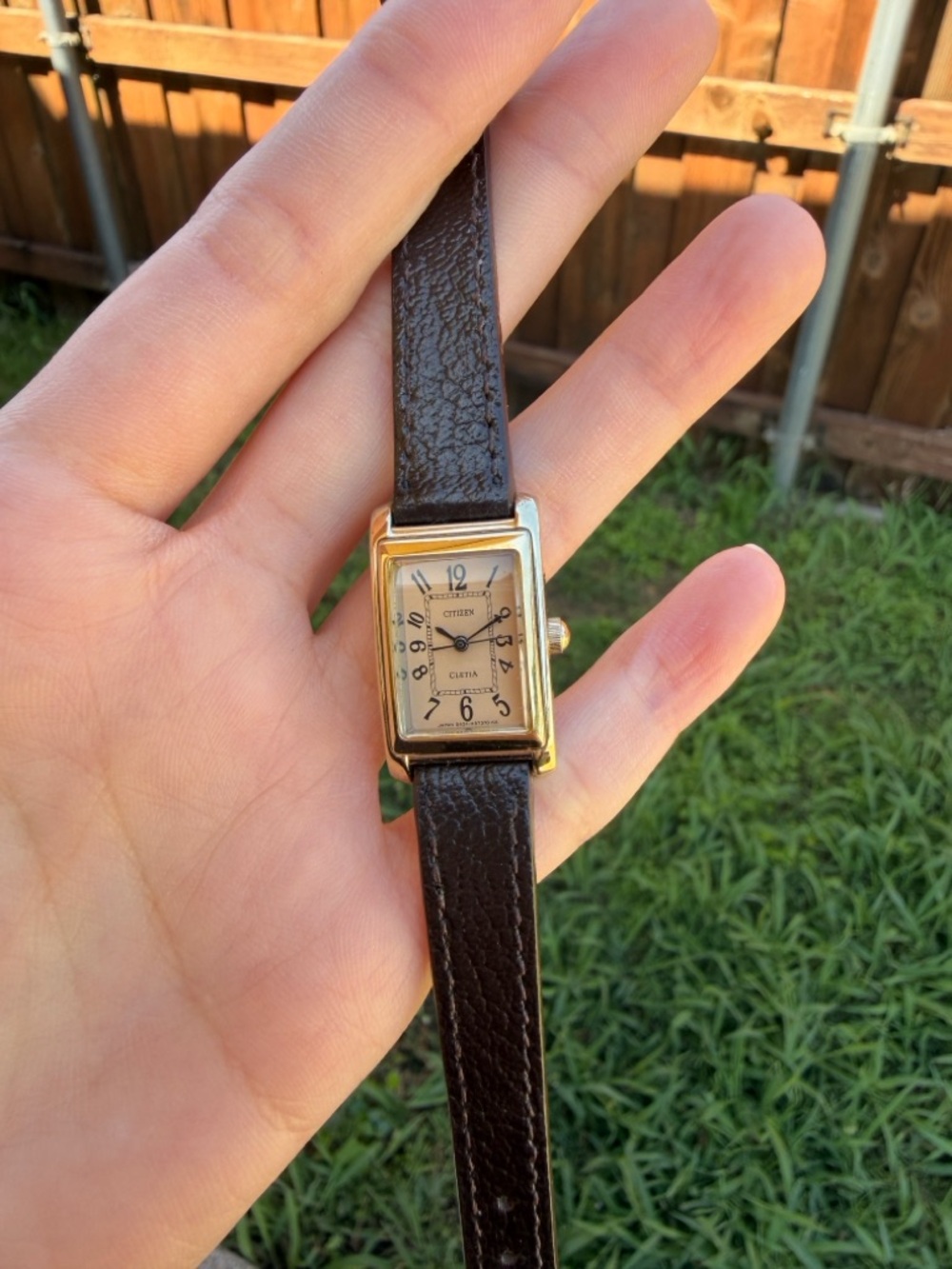 Citizen Gold-Tone Rectangular Watch with Brown Strap and Cream Dial